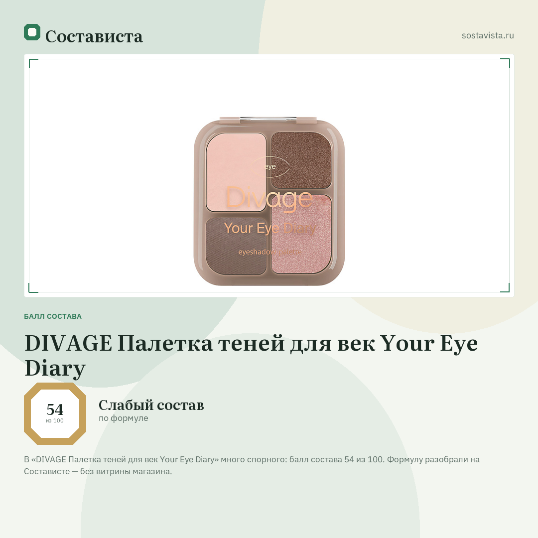 DIVAGE Палетка теней для век Your Eye Diary: балл состава 54 из 100 — Состависта