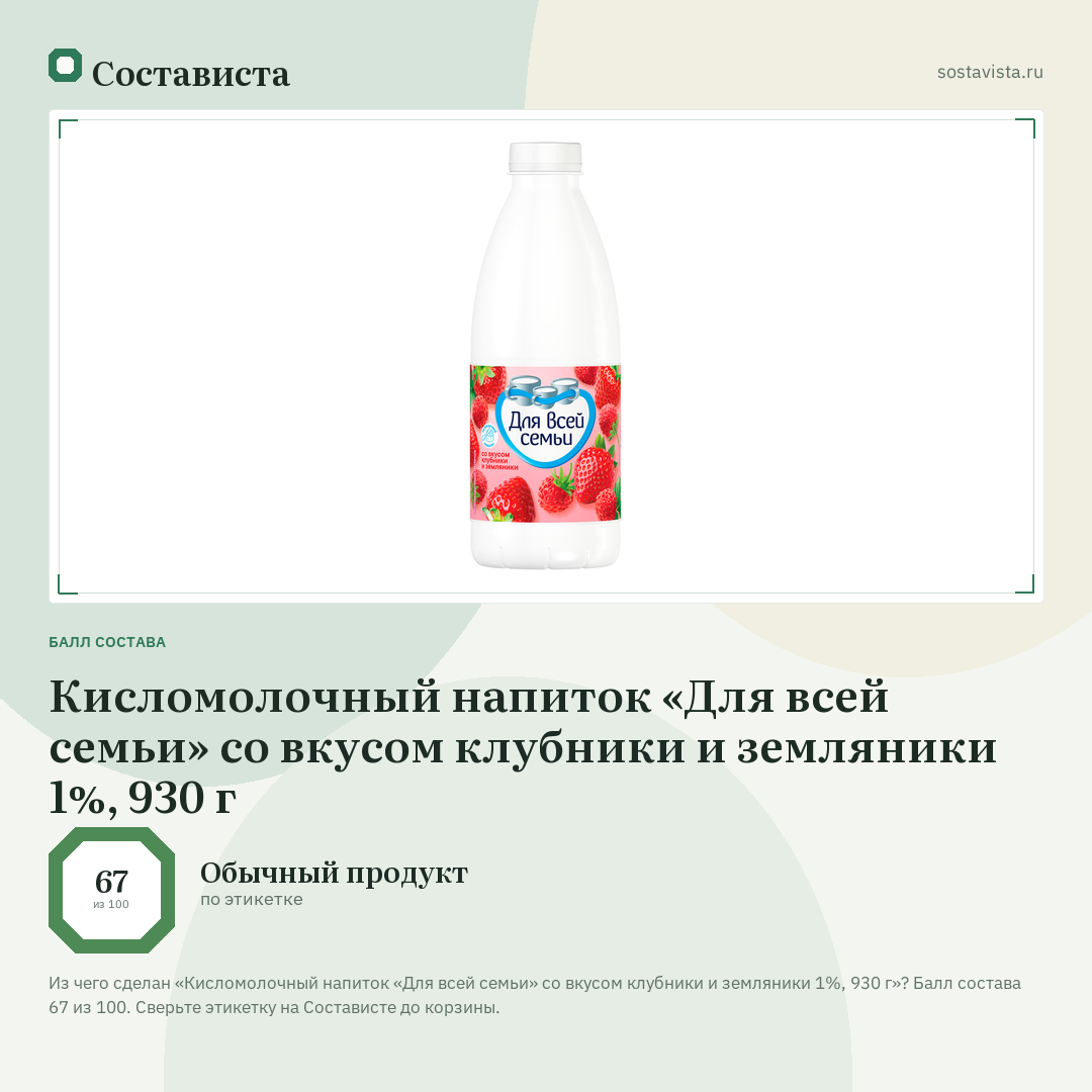 Кисломолочный напиток «Для всей семьи» со вкусом клубники и земляники 1%, 930 г: балл состава 67 из 100 — Состависта