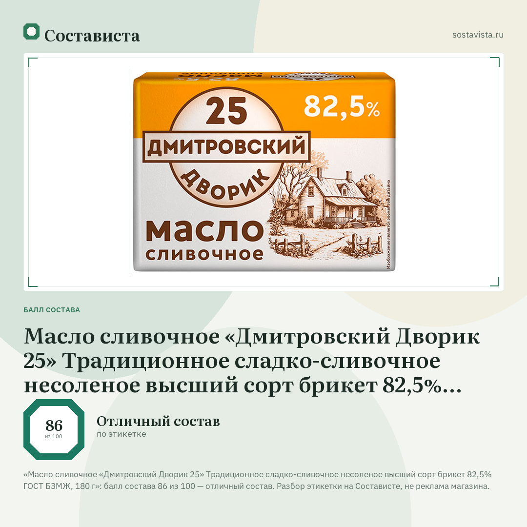 Масло сливочное «Дмитровский Дворик 25» Традиционное сладко-сливочное несоленое высший сорт брикет 82,5% ГОСТ БЗМЖ, 180 г: балл состава 86 из 100 — Состависта