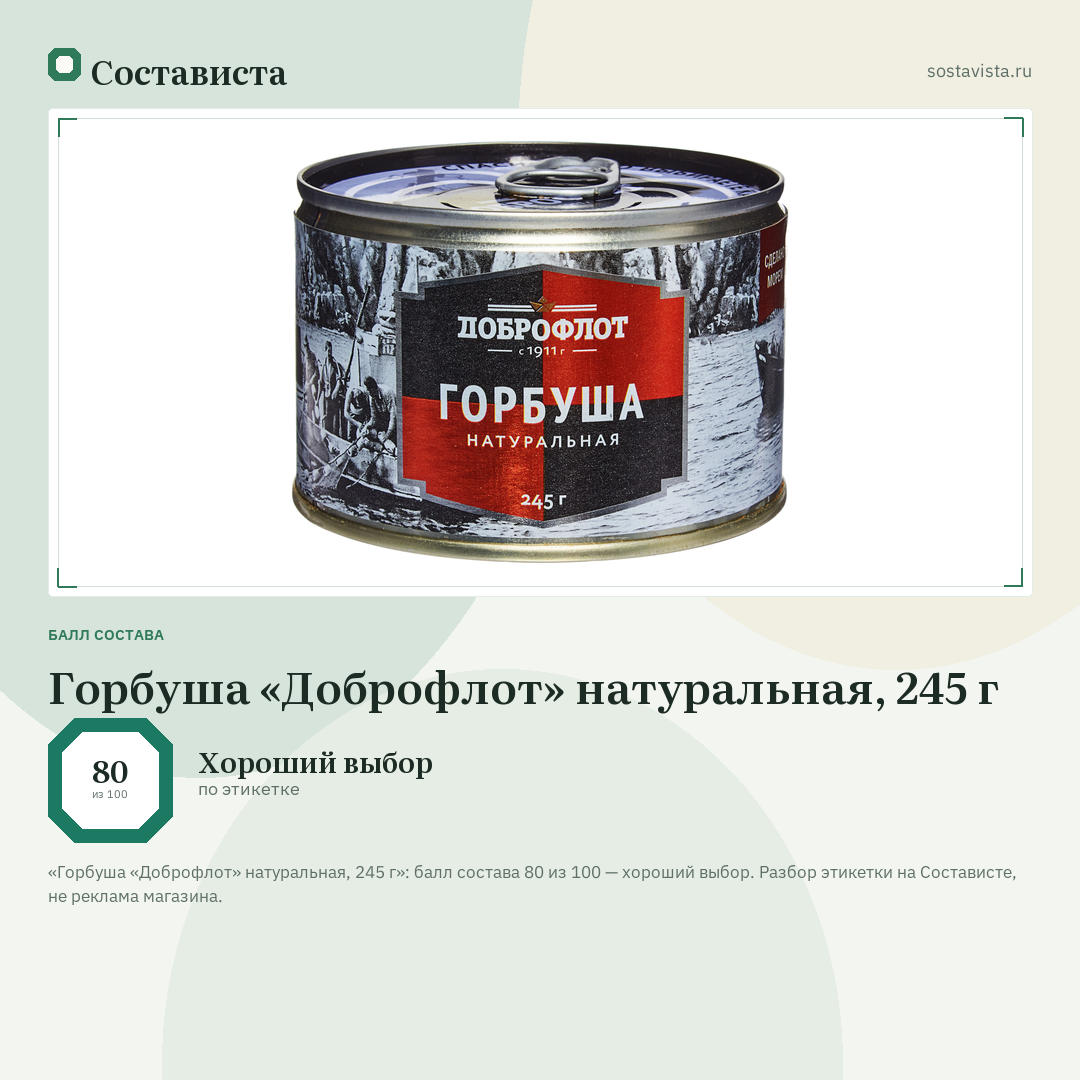 Горбуша «Доброфлот» натуральная, 245 г: балл состава 80 из 100 — Состависта