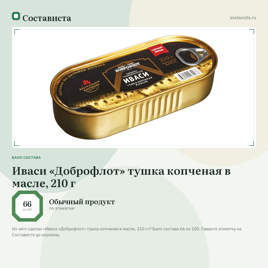 Иваси «Доброфлот» тушка копченая в масле, 210 г: балл состава 66 из 100 — Состависта