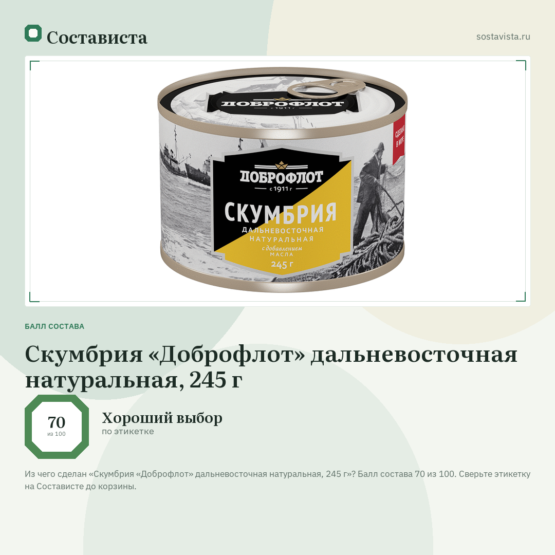 Скумбрия «Доброфлот» дальневосточная натуральная, 245 г: балл состава 70 из 100 — Состависта
