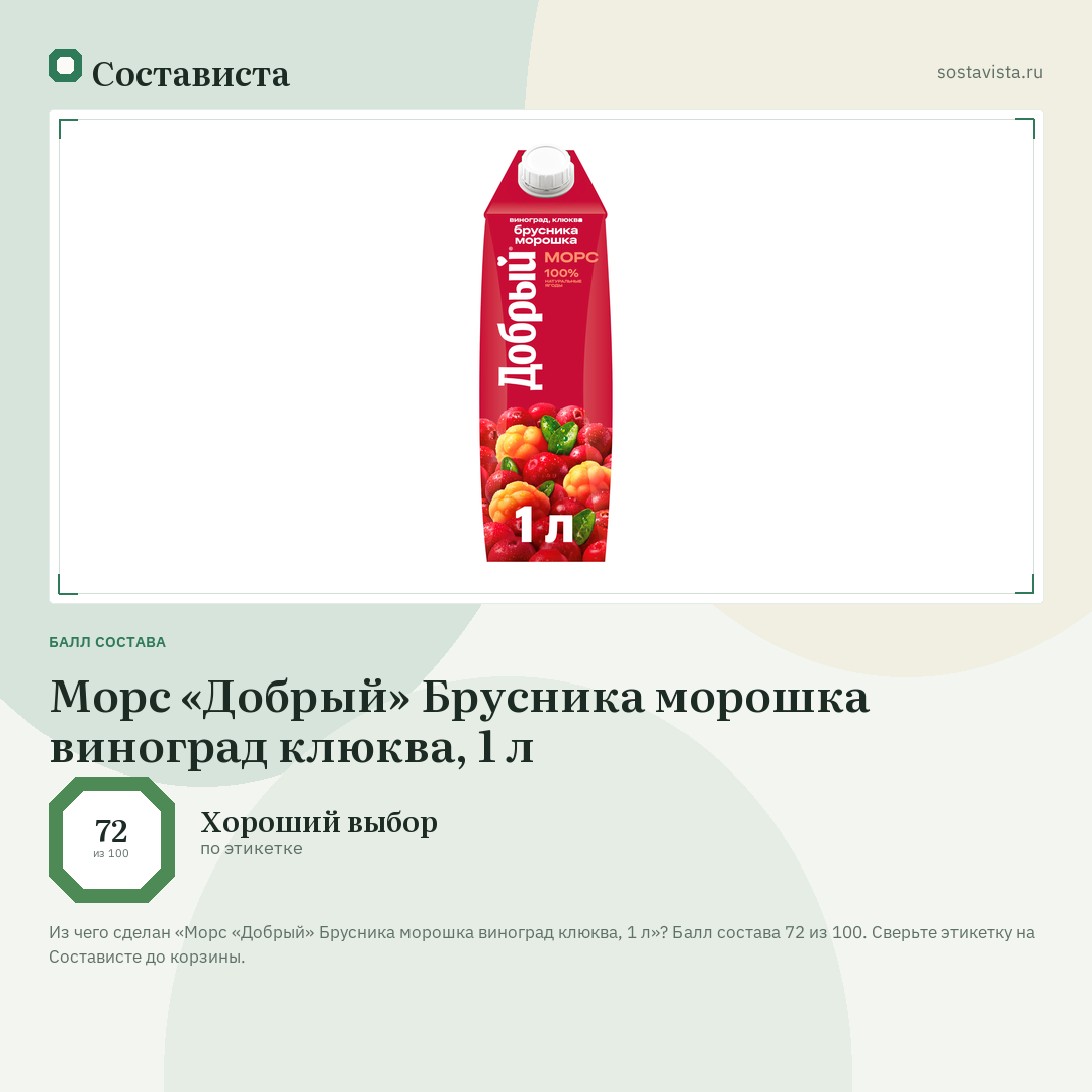 Морс «Добрый» Брусника морошка виноград клюква, 1 л: балл состава 72 из 100 — Состависта
