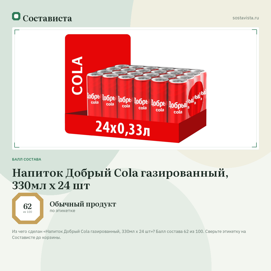Напиток Добрый Cola газированный, 330мл x 24 шт: балл состава 62 из 100 — Состависта