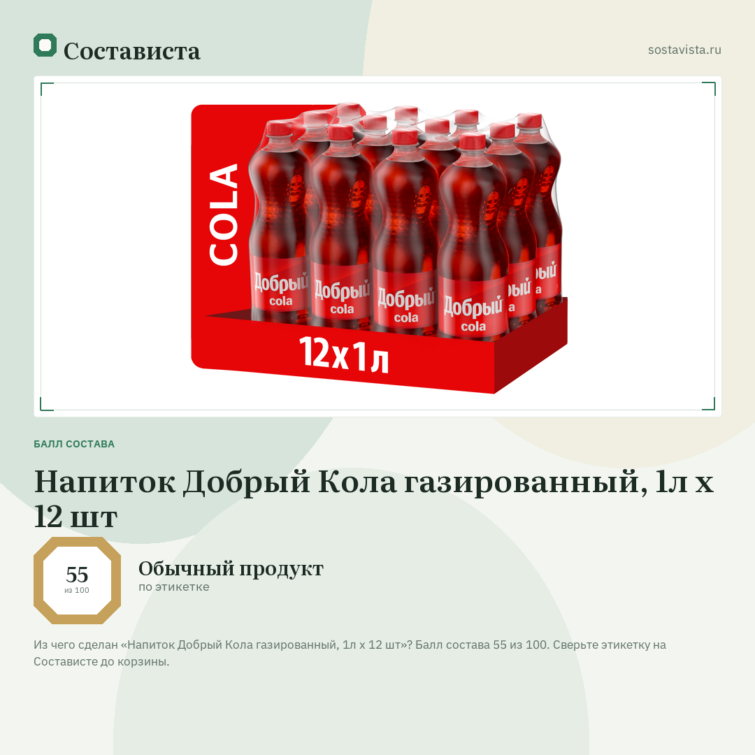 Напиток Добрый Кола газированный, 1л x 12 шт: балл состава 55 из 100 — Состависта