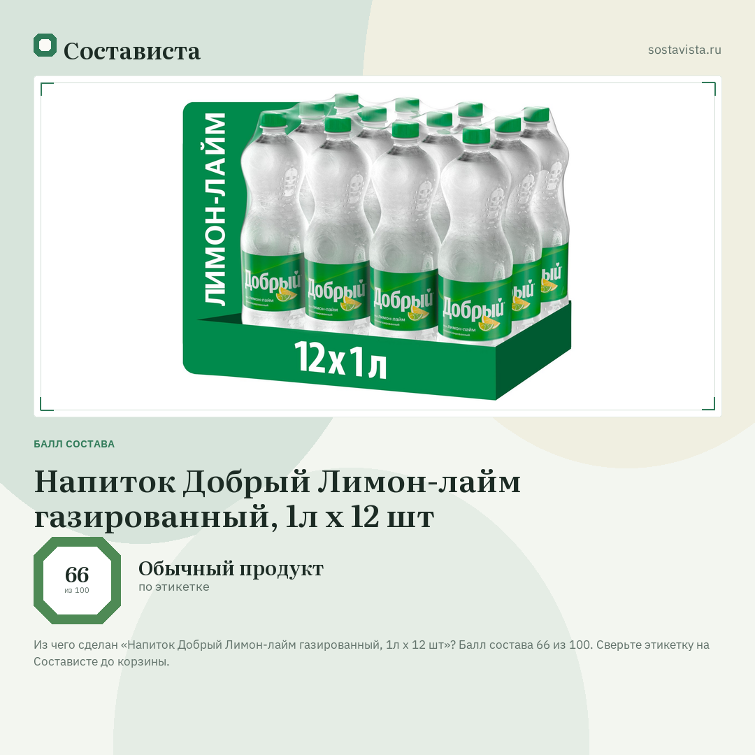 Напиток Добрый Лимон-лайм газированный, 1л x 12 шт: балл состава 66 из 100 — Состависта