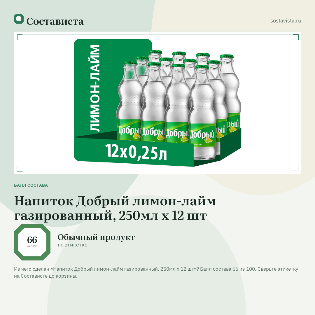 Напиток Добрый лимон-лайм газированный, 250мл x 12 шт: балл состава 66 из 100 — Состависта