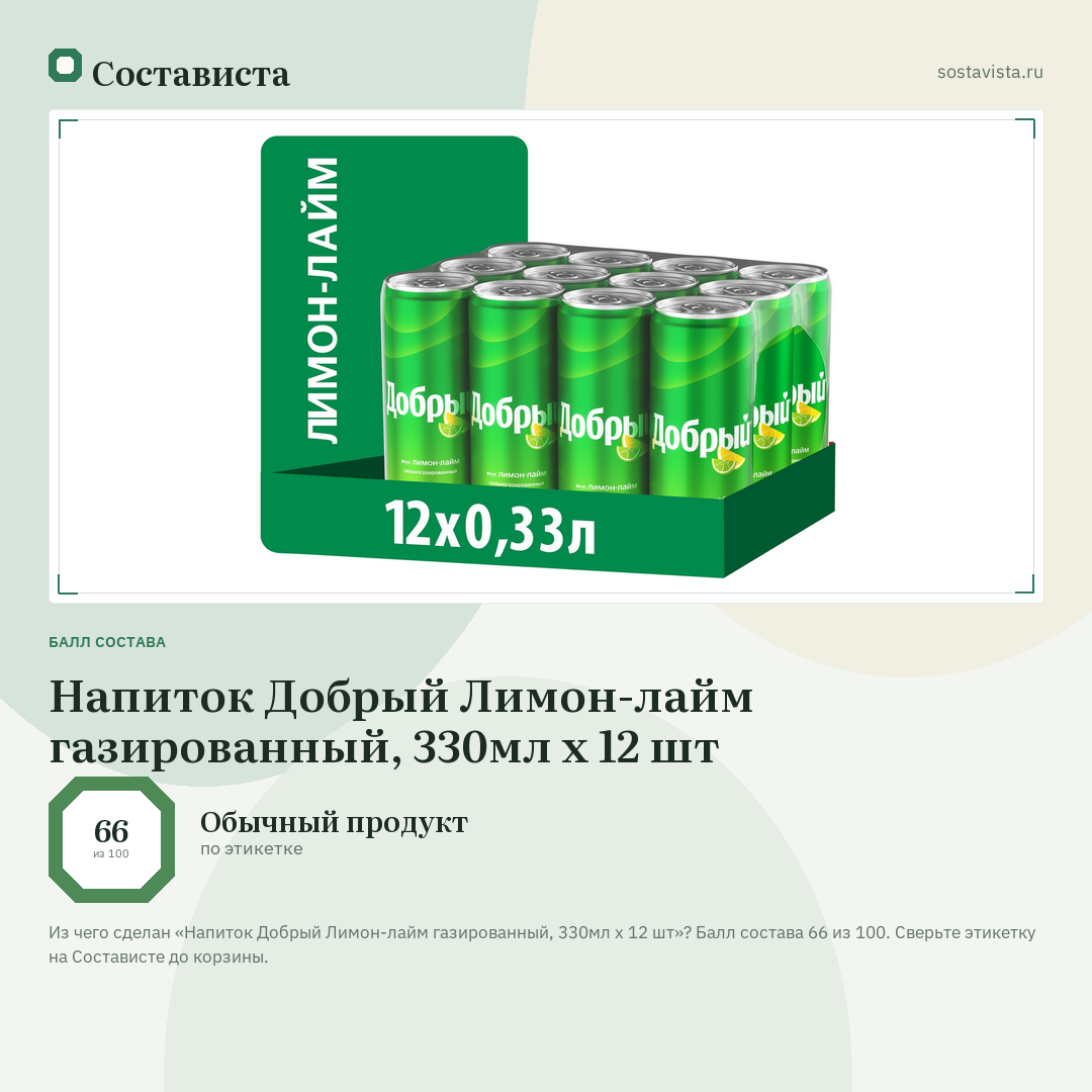Напиток Добрый Лимон-лайм газированный, 330мл x 12 шт: балл состава 66 из 100 — Состависта