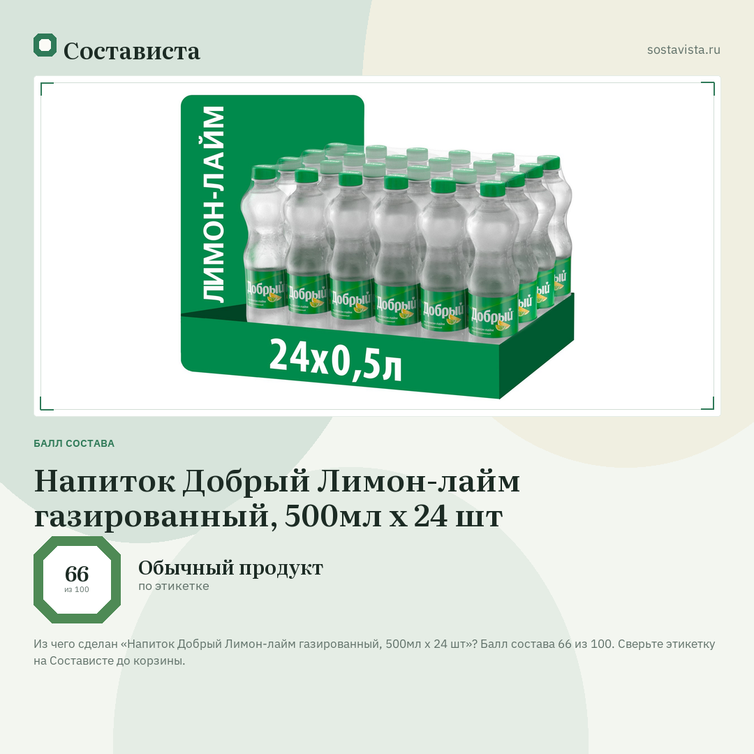 Напиток Добрый Лимон-лайм газированный, 500мл x 24 шт: балл состава 66 из 100 — Состависта