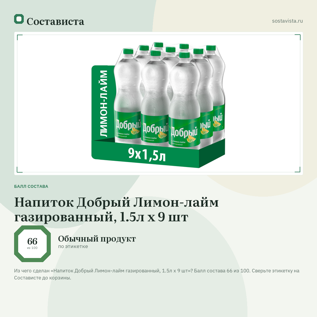Напиток Добрый Лимон-лайм газированный, 1.5л x 9 шт: балл состава 66 из 100 — Состависта