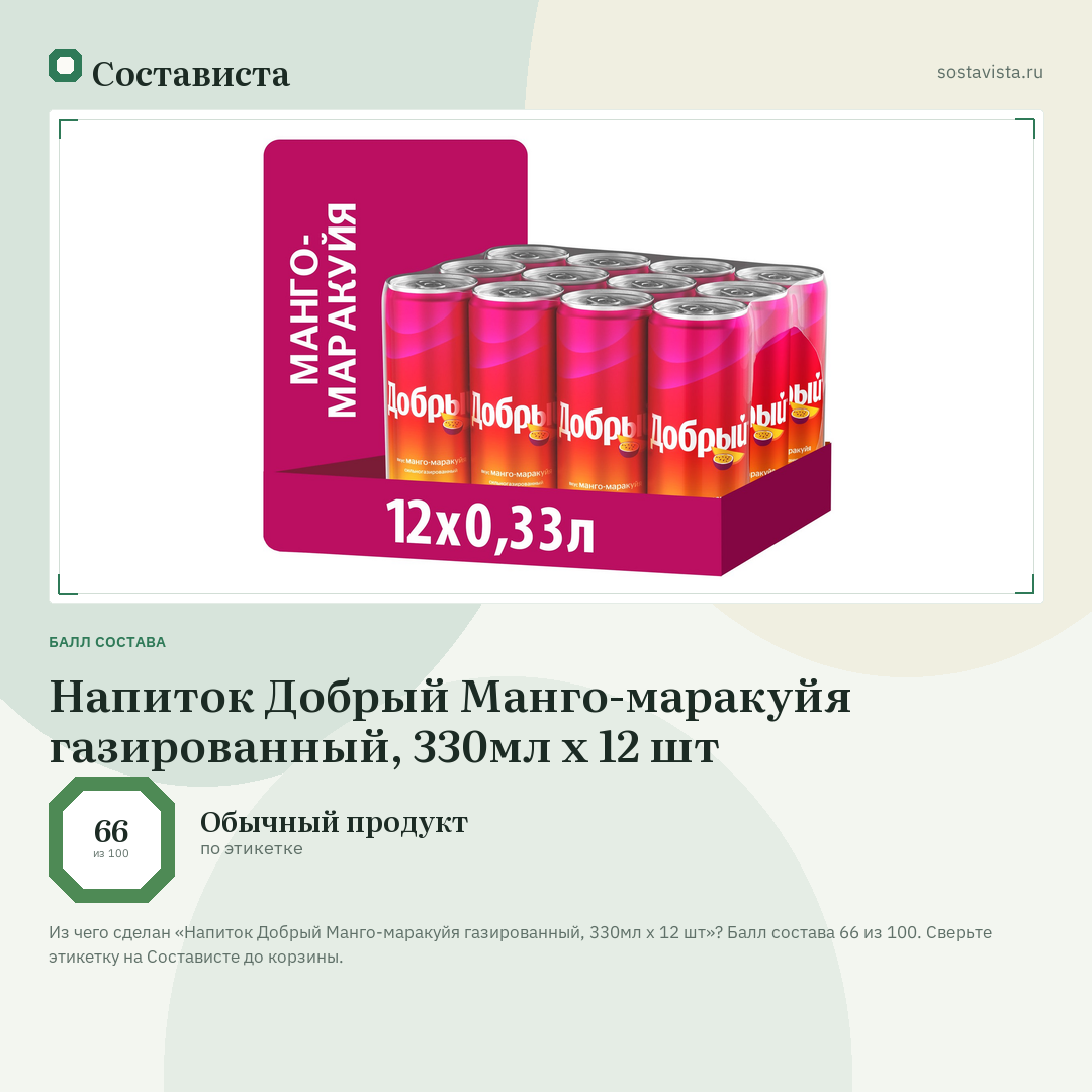Напиток Добрый Манго-маракуйя газированный, 330мл x 12 шт: балл состава 66 из 100 — Состависта