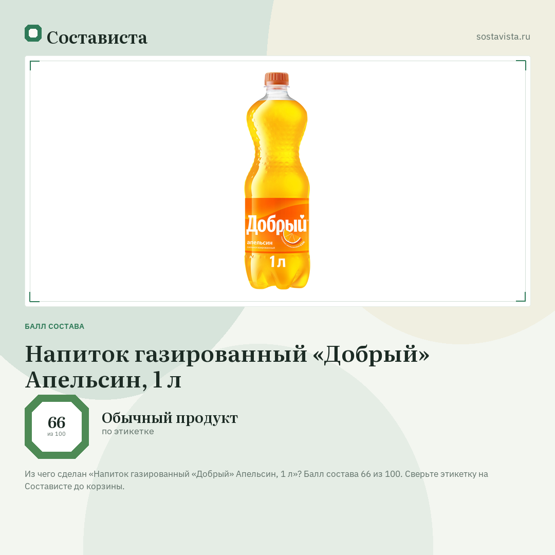 Напиток газированный «Добрый» Апельсин, 1 л: балл состава 66 из 100 — Состависта