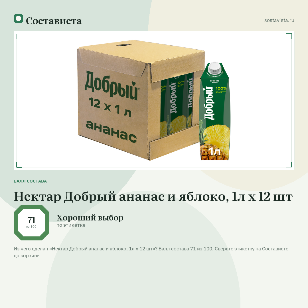 Нектар Добрый ананас и яблоко, 1л x 12 шт: балл состава 71 из 100 — Состависта