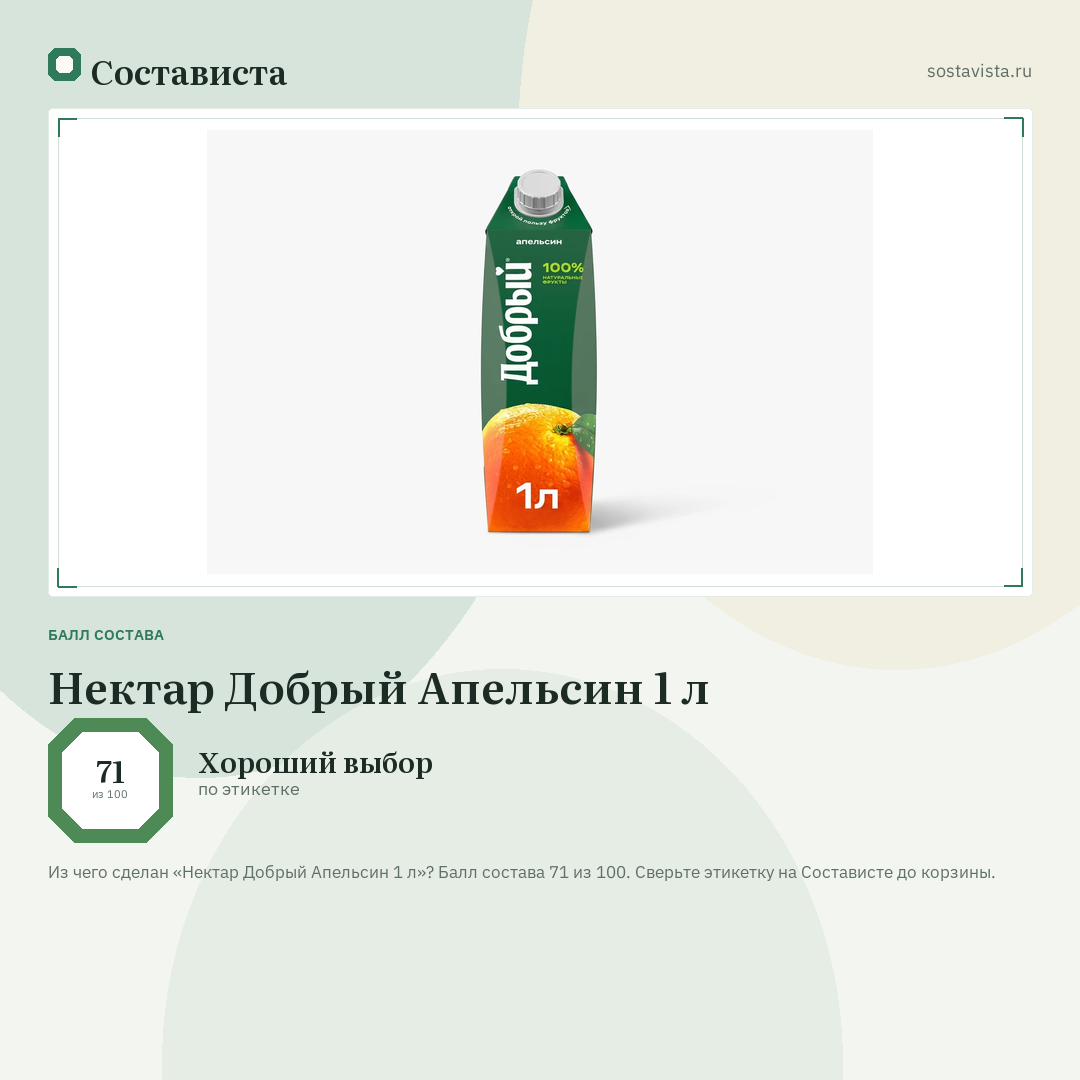 Нектар Добрый Апельсин 1 л: балл состава 71 из 100 — Состависта