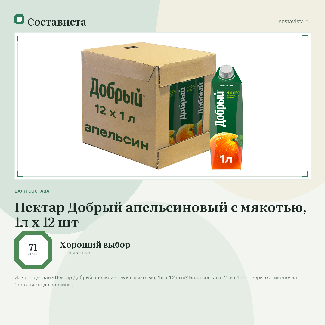 Нектар Добрый апельсиновый с мякотью, 1л x 12 шт: балл состава 71 из 100 — Состависта
