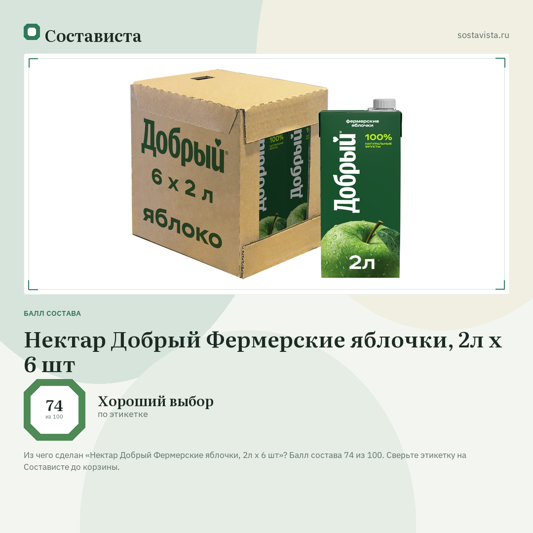 Нектар Добрый Фермерские яблочки, 2л x 6 шт: балл состава 74 из 100 — Состависта