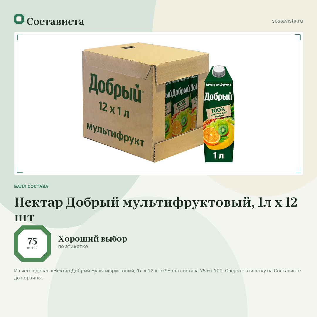 Нектар Добрый мультифруктовый, 1л x 12 шт: балл состава 75 из 100 — Состависта