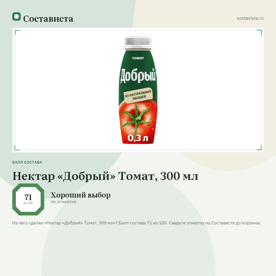 Нектар «Добрый» Томат, 300 мл: балл состава 71 из 100 — Состависта