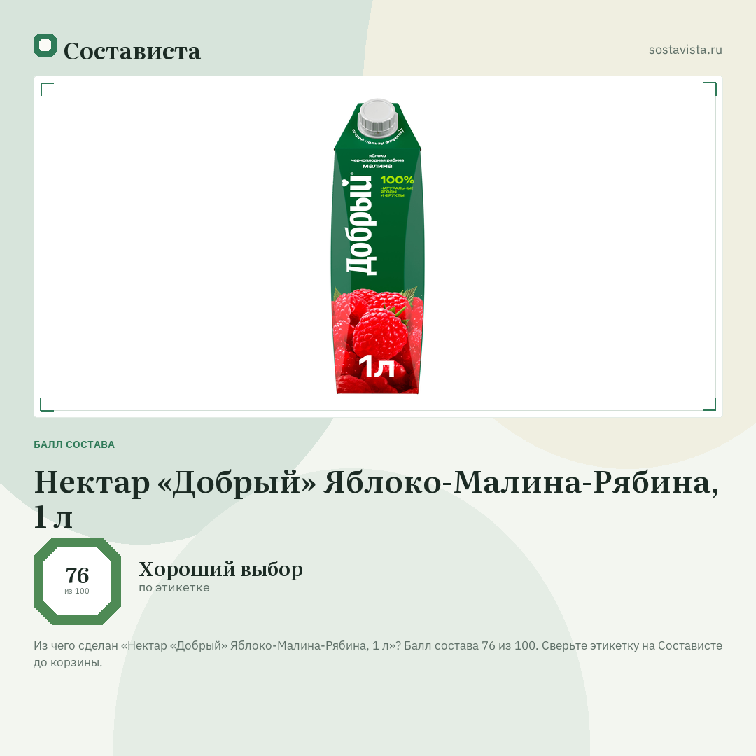 Нектар «Добрый» Яблоко-Малина-Рябина, 1 л: балл состава 76 из 100 — Состависта