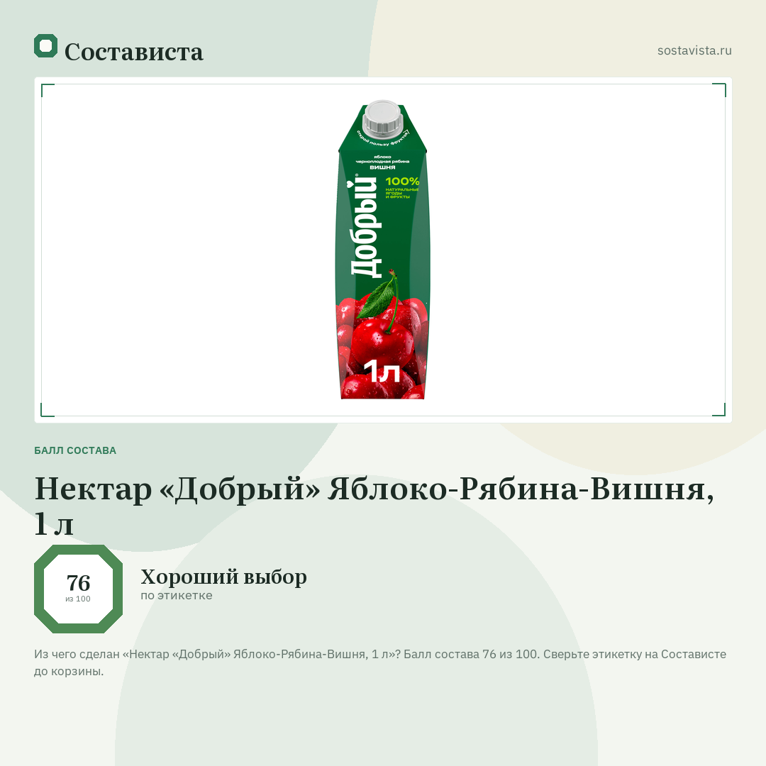 Нектар «Добрый» Яблоко-Рябина-Вишня, 1 л: балл состава 76 из 100 — Состависта