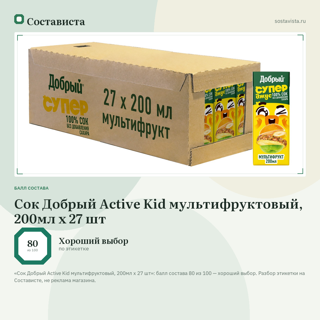 Сок Добрый Active Kid мультифруктовый, 200мл x 27 шт: балл состава 80 из 100 — Состависта
