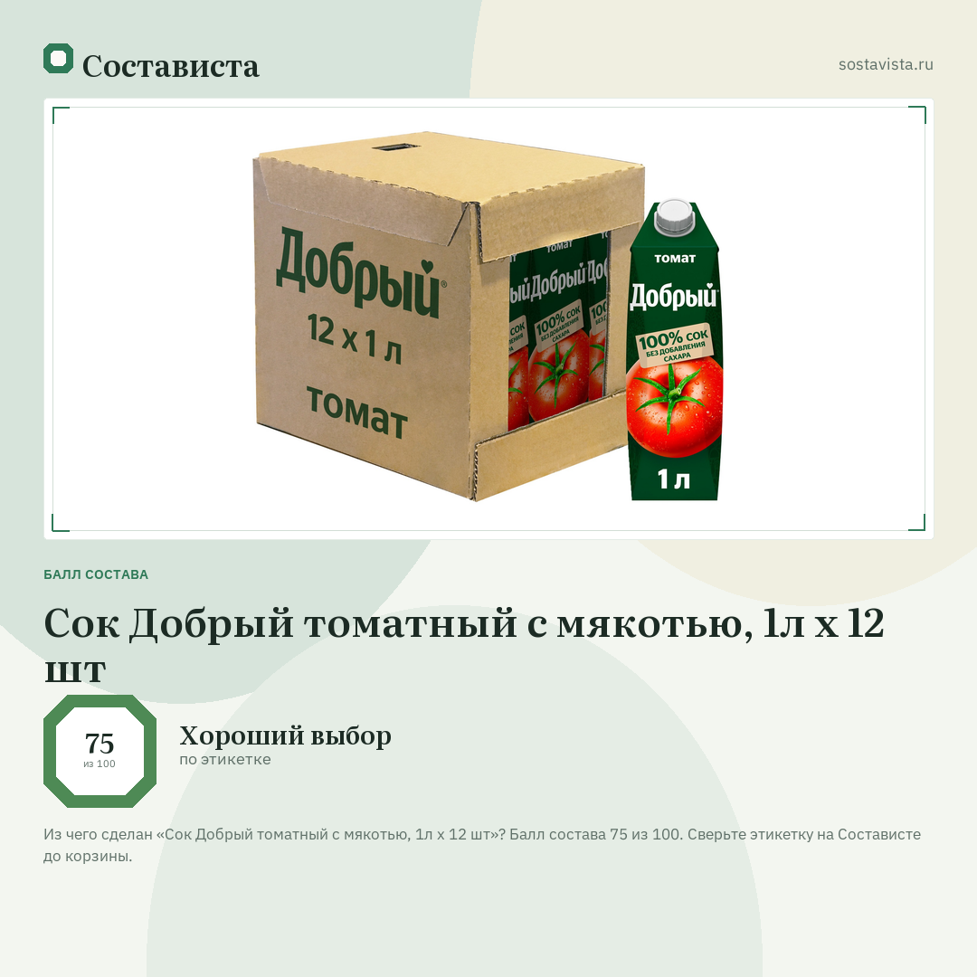 Сок Добрый томатный с мякотью, 1л x 12 шт: балл состава 75 из 100 — Состависта