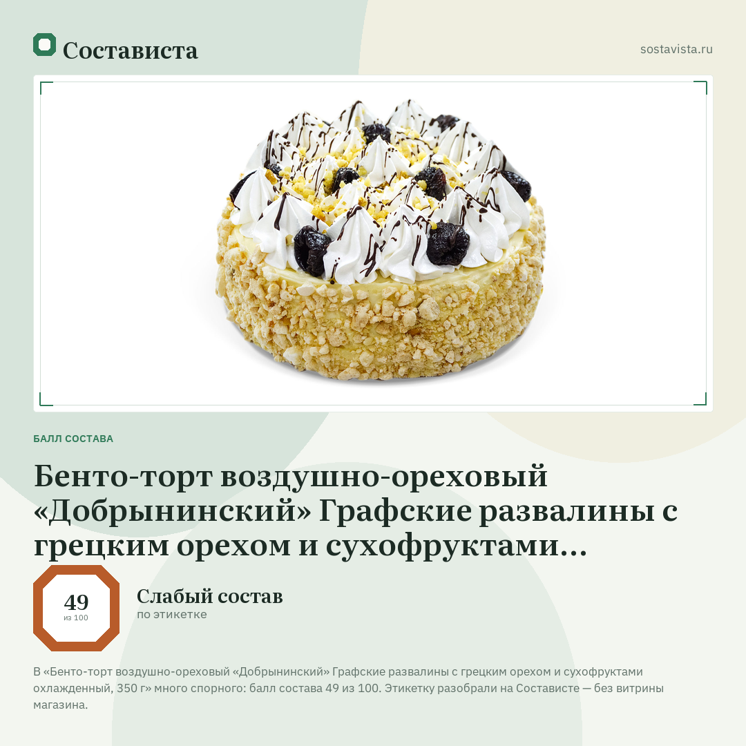 Бенто-торт воздушно-ореховый «Добрынинский» Графские развалины с грецким орехом и сухофруктами охлажденный, 350 г: балл состава 49 из 100 — Состависта