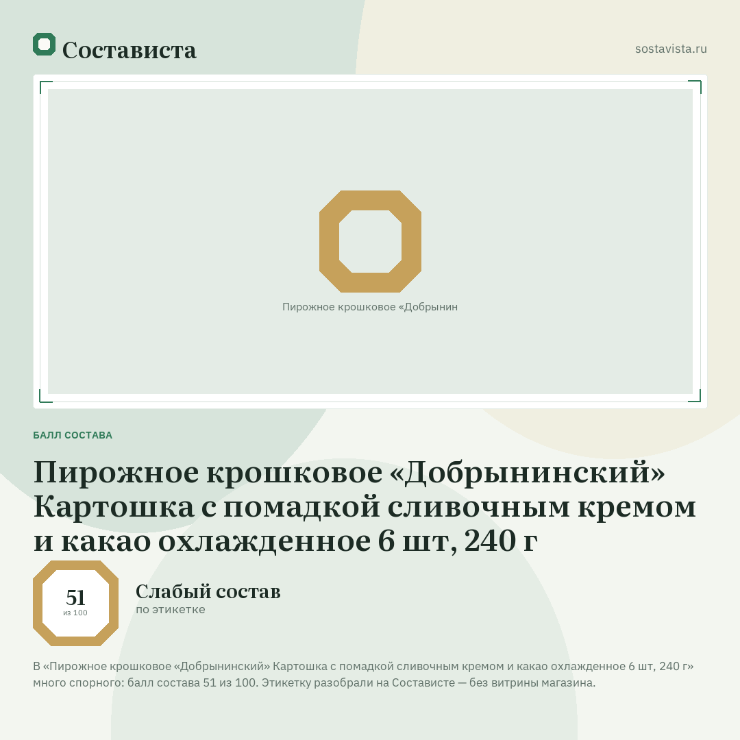 Пирожное крошковое «Добрынинский» Картошка с помадкой сливочным кремом и какао охлажденное 6 шт, 240 г: балл состава 51 из 100 — Состависта