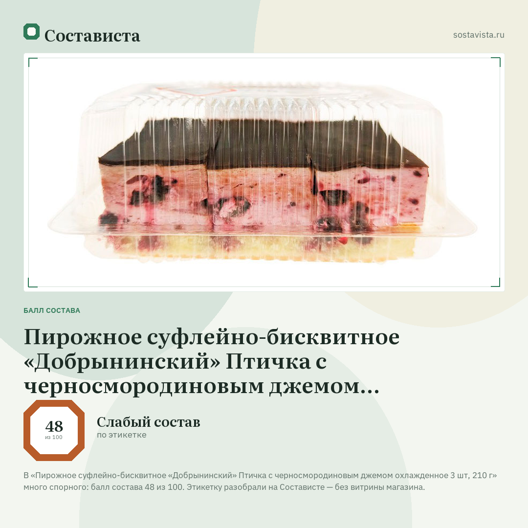 Пирожное суфлейно-бисквитное «Добрынинский» Птичка с черносмородиновым джемом охлажденное 3 шт, 210 г: балл состава 48 из 100 — Состависта