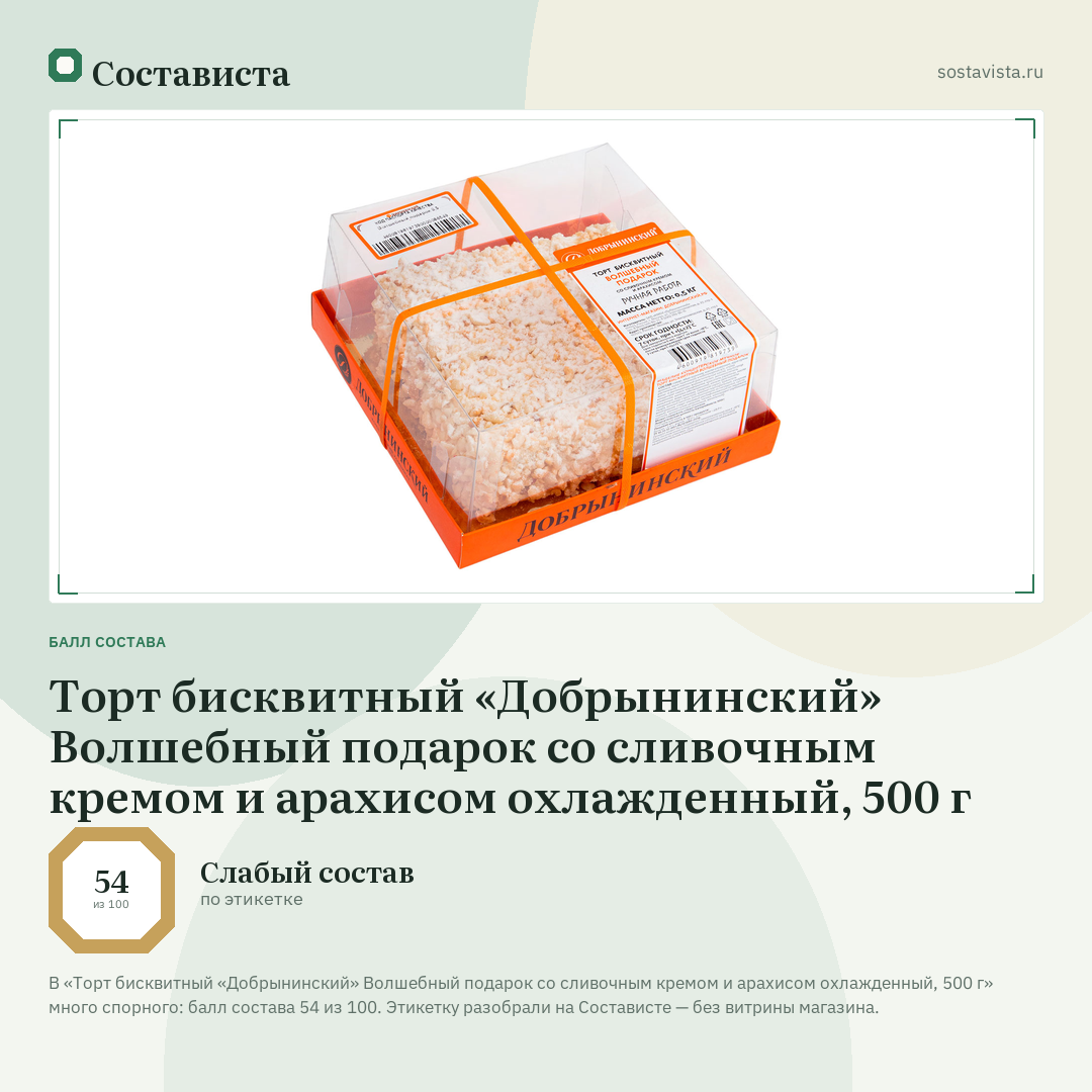 Торт бисквитный «Добрынинский» Волшебный подарок со сливочным кремом и арахисом охлажденный, 500 г: балл состава 54 из 100 — Состависта