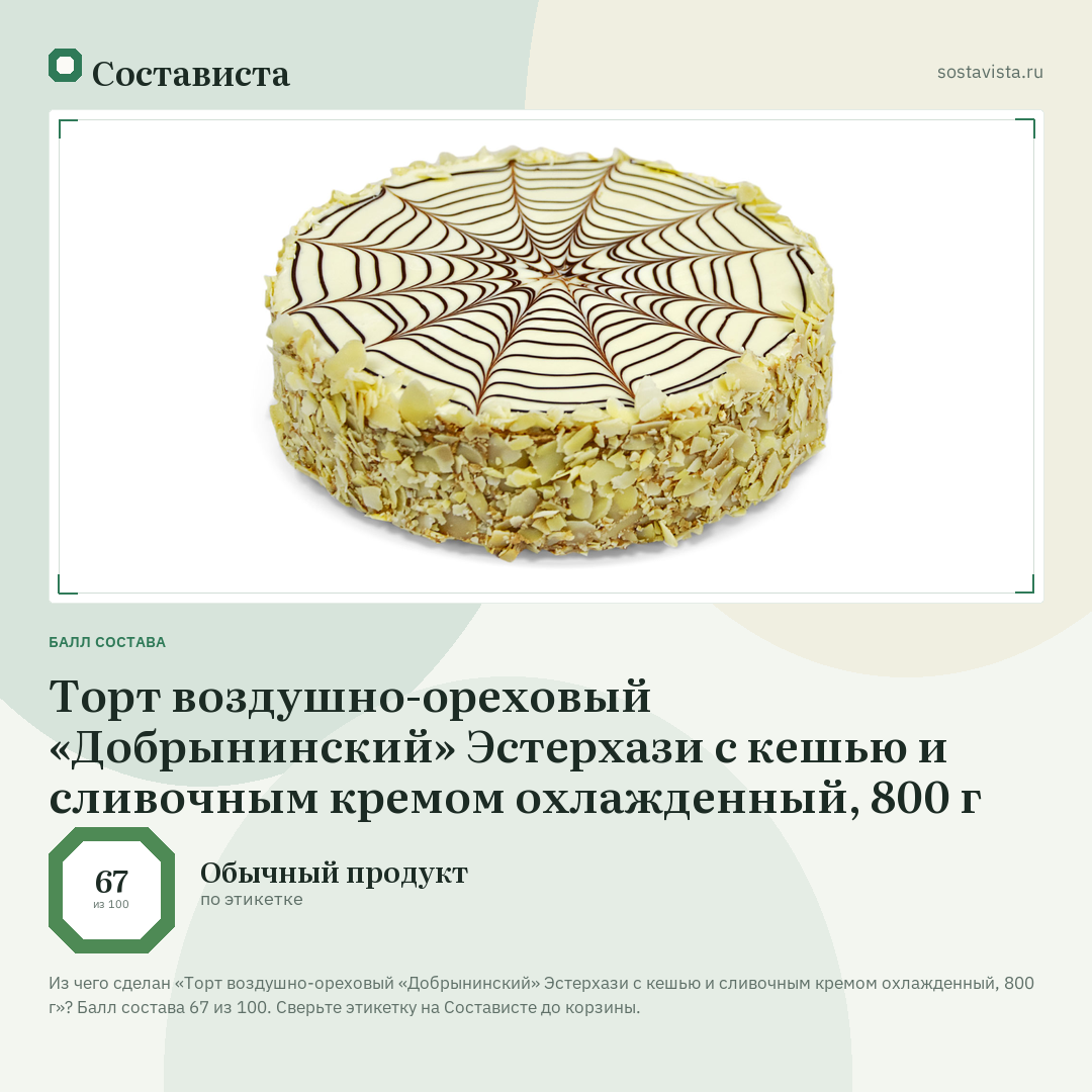 Торт воздушно-ореховый «Добрынинский» Эстерхази с кешью и сливочным кремом охлажденный, 800 г: балл состава 67 из 100 — Состависта