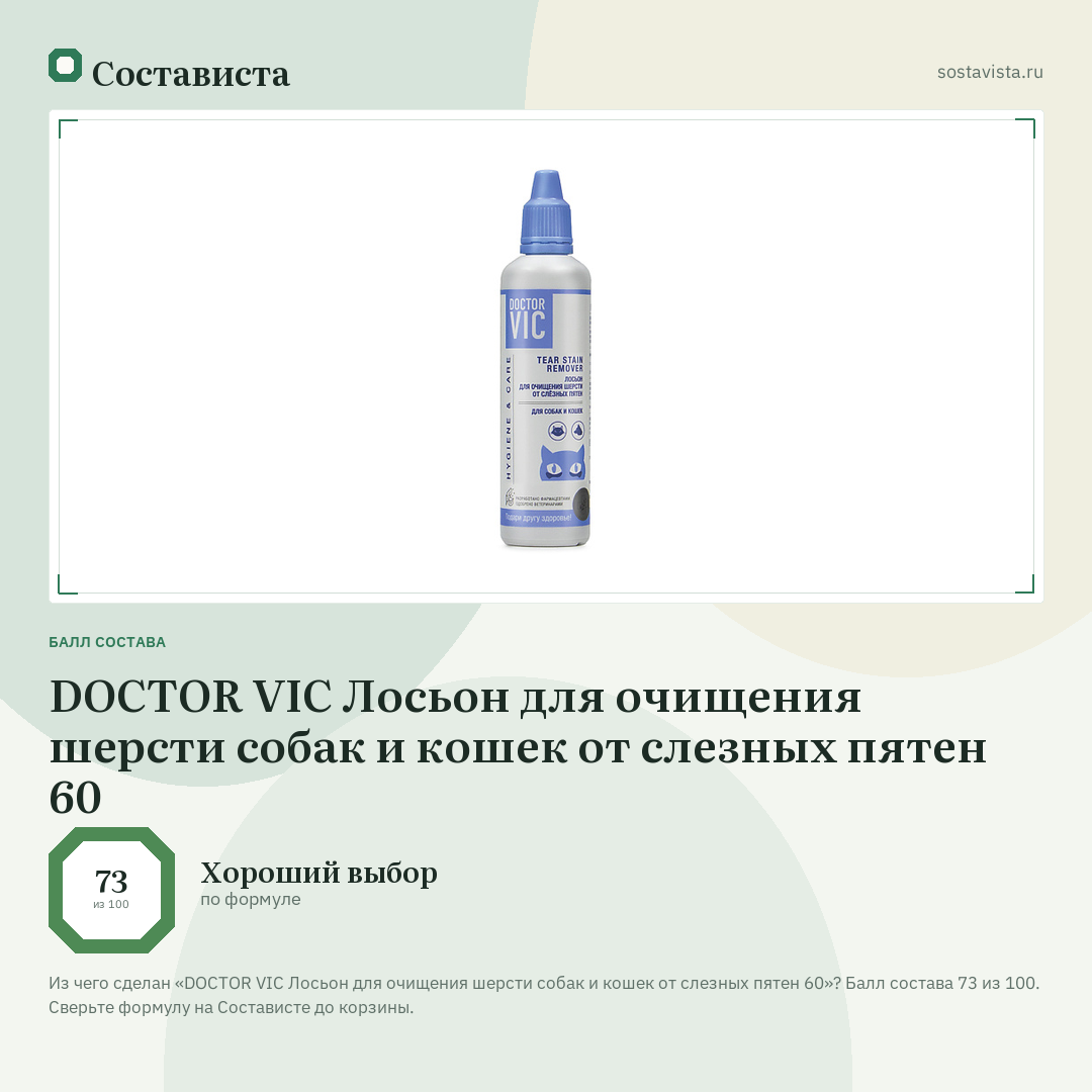 DOCTOR VIC Лосьон для очищения шерсти собак и кошек от слезных пятен 60: балл состава 73 из 100 — Состависта