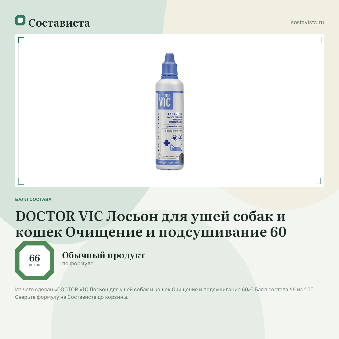 DOCTOR VIC Лосьон для ушей собак и кошек Очищение и подсушивание 60: балл состава 66 из 100 — Состависта