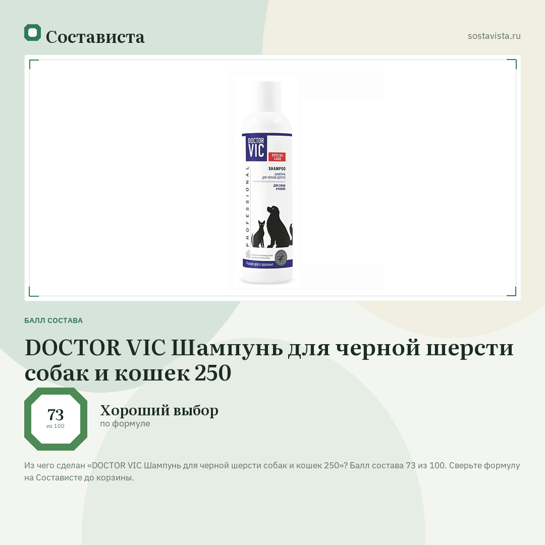 DOCTOR VIC Шампунь для черной шерсти собак и кошек 250: балл состава 73 из 100 — Состависта