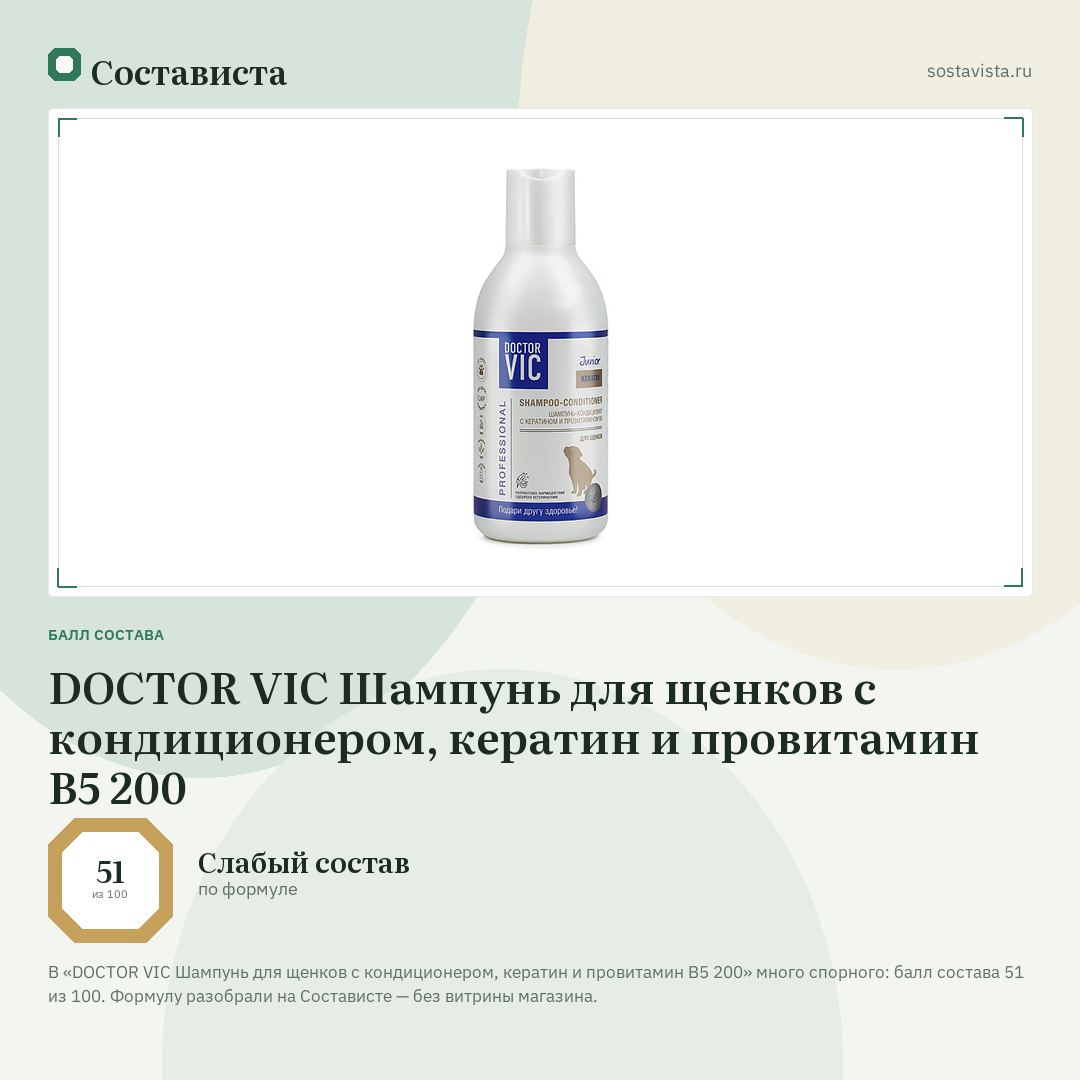 DOCTOR VIC Шампунь для щенков с кондиционером, кератин и провитамин B5 200: балл состава 51 из 100 — Состависта