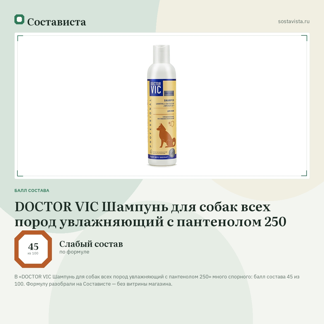 DOCTOR VIC Шампунь для собак всех пород увлажняющий с пантенолом 250: балл состава 45 из 100 — Состависта
