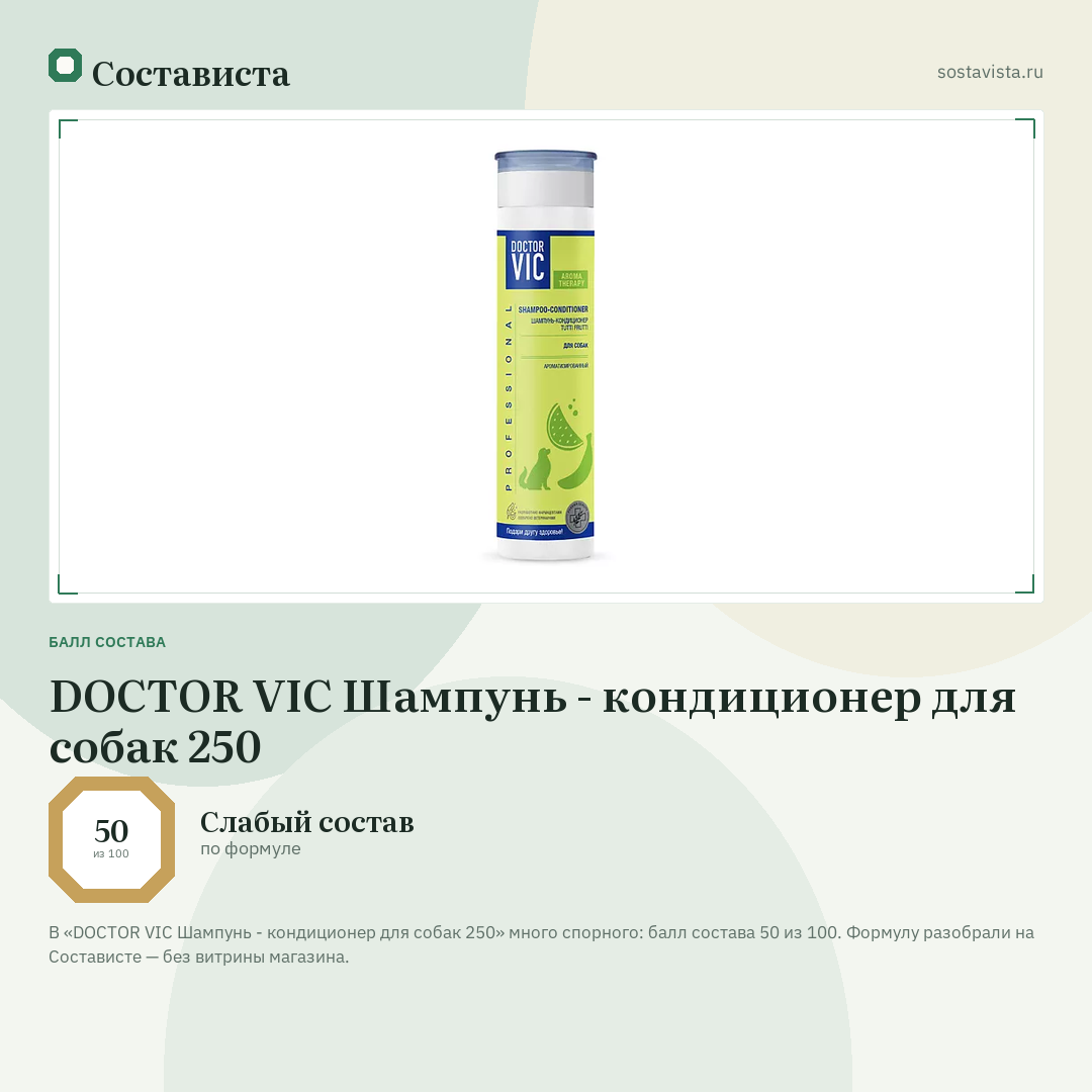 DOCTOR VIC Шампунь - кондиционер для собак 250: балл состава 50 из 100 — Состависта