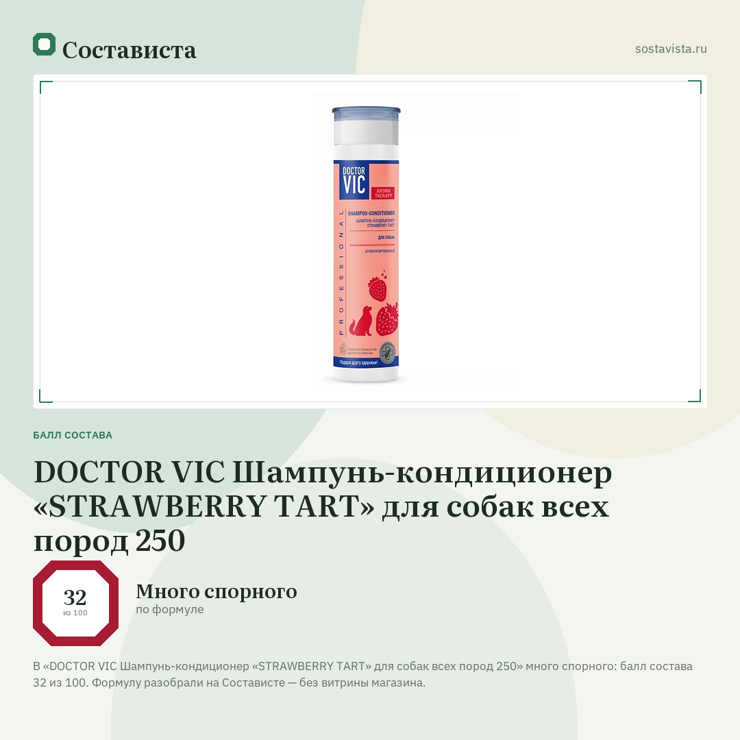 DOCTOR VIC Шампунь-кондиционер «STRAWBERRY TART» для собак всех пород 250: балл состава 32 из 100 — Состависта