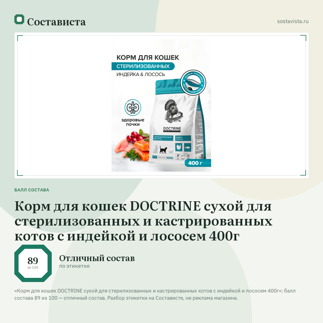Корм для кошек DOCTRINE сухой для стерилизованных и кастрированных котов с индейкой и лососем 400г: балл состава 89 из 100 — Состависта