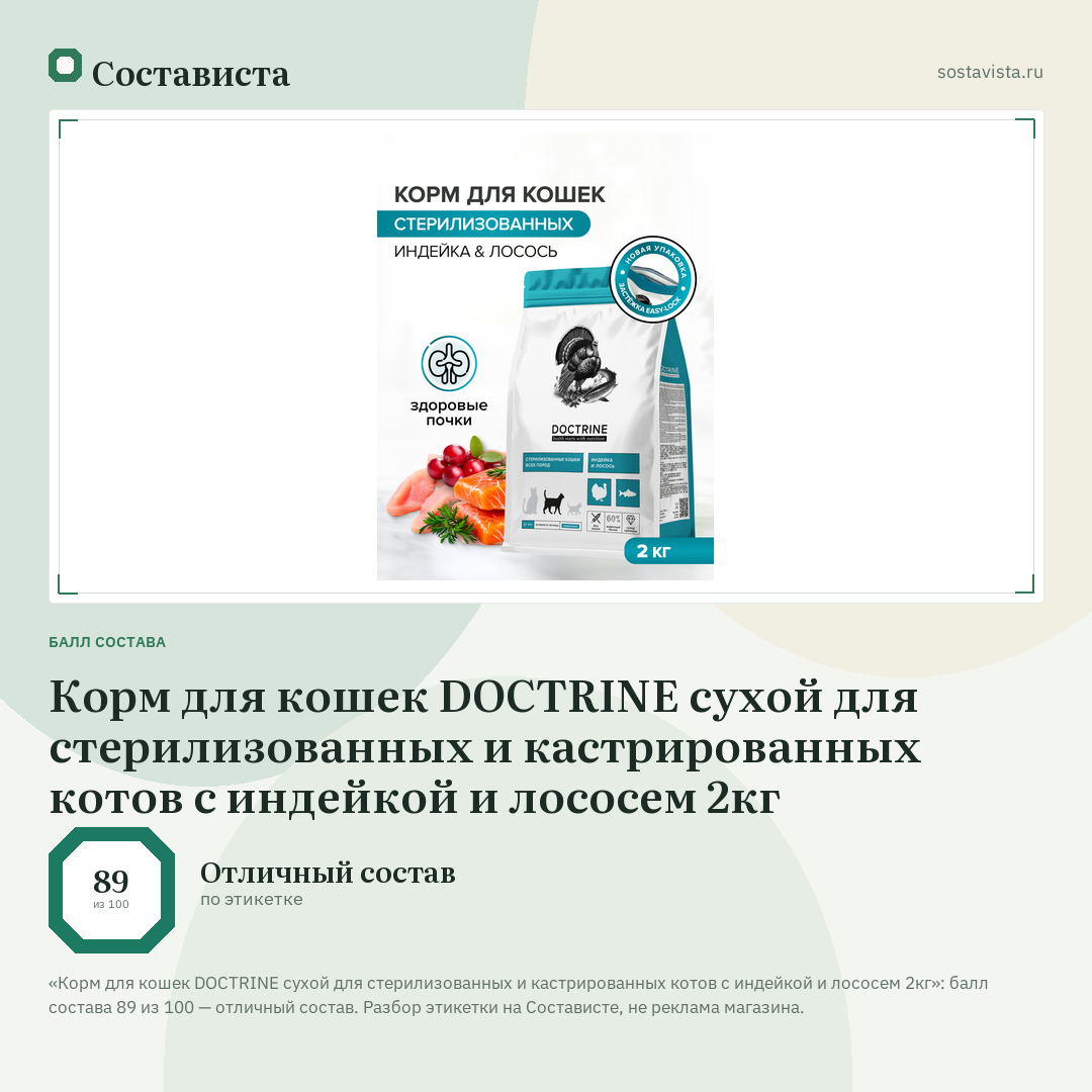 Корм для кошек DOCTRINE сухой для стерилизованных и кастрированных котов с индейкой и лососем 2кг: балл состава 89 из 100 — Состависта