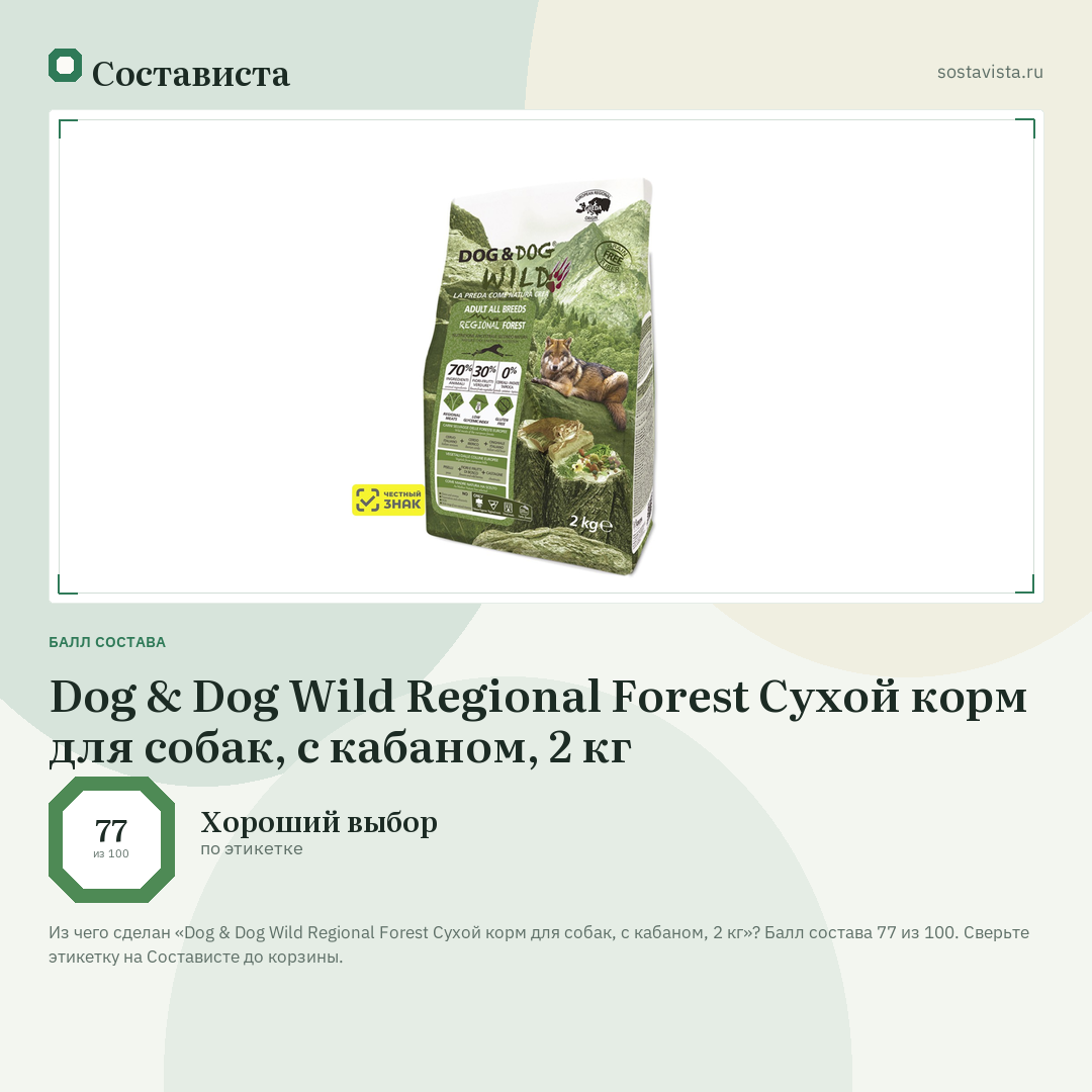 Dog & Dog Wild Regional Forest Сухой корм для собак, с кабаном, 2 кг: балл состава 77 из 100 — Состависта