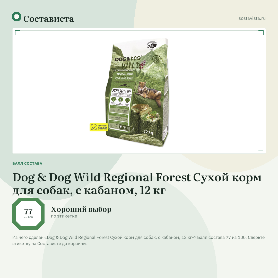 Dog & Dog Wild Regional Forest Сухой корм для собак, с кабаном, 12 кг: балл состава 77 из 100 — Состависта