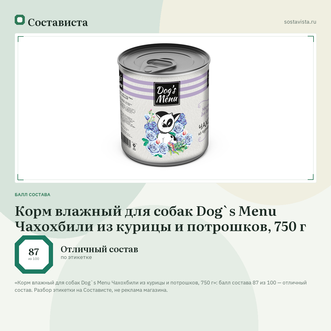 Корм влажный для собак Dog`s Menu Чахохбили из курицы и потрошков, 750 г: балл состава 87 из 100 — Состависта