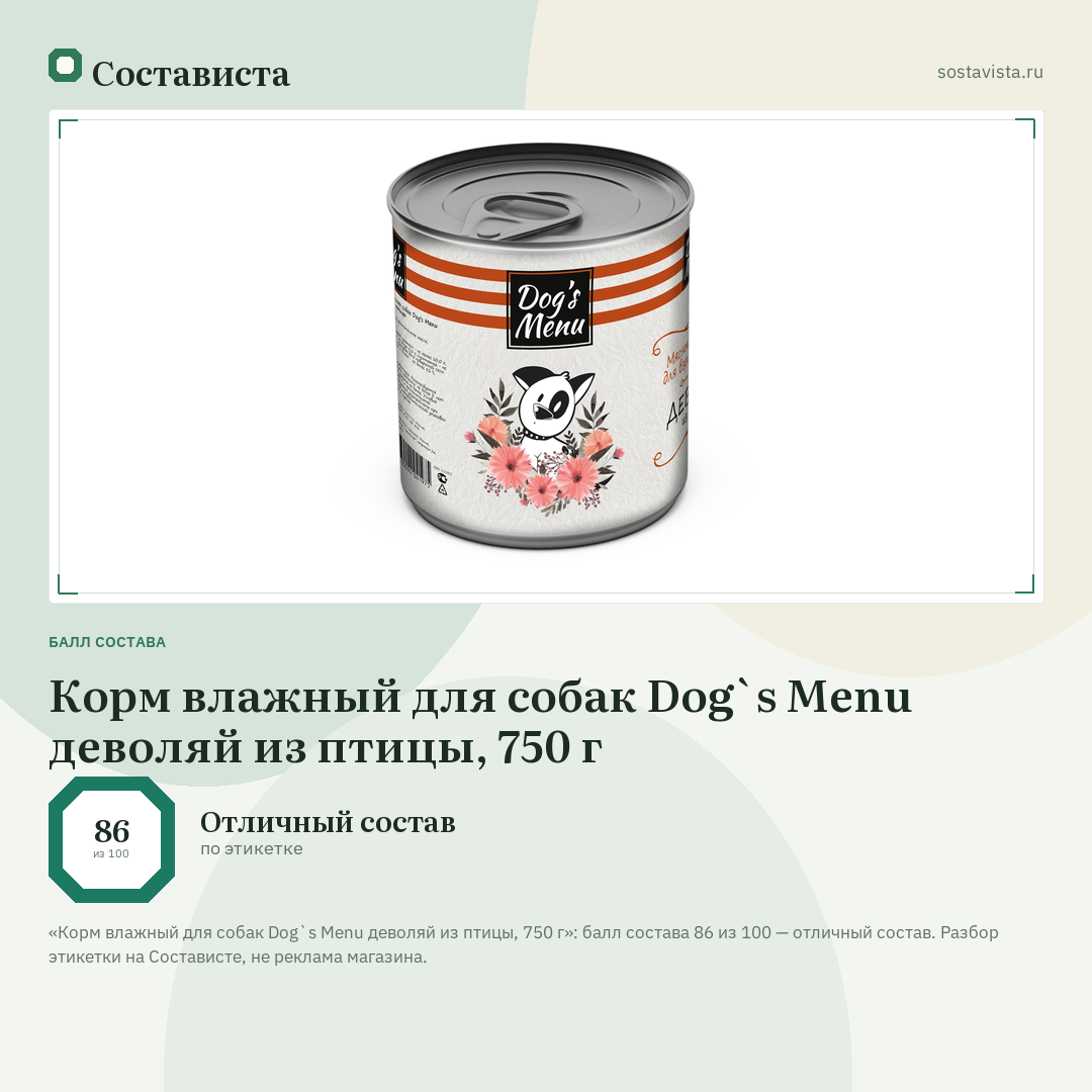 Корм влажный для собак Dog`s Menu деволяй из птицы, 750 г: балл состава 86 из 100 — Состависта