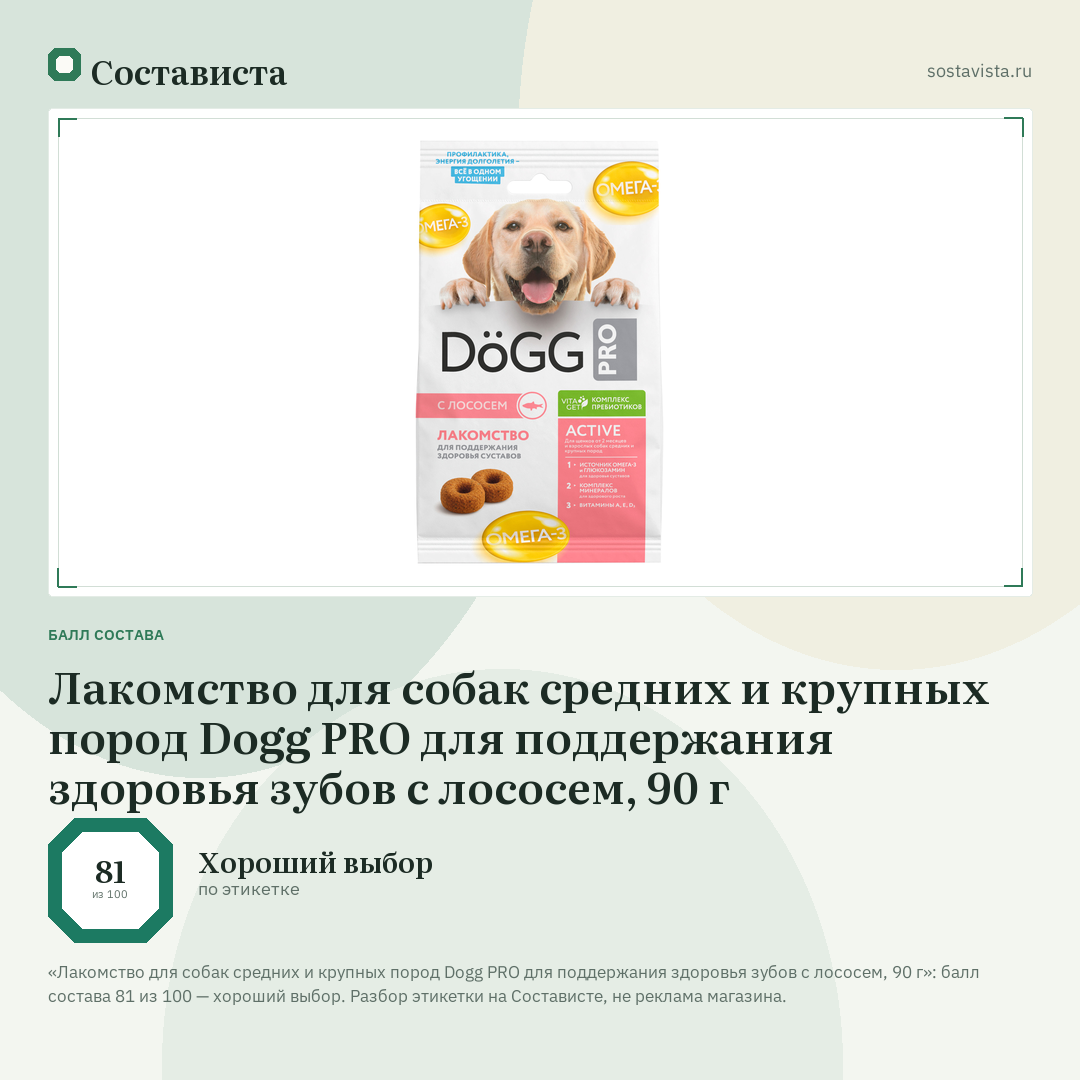 Лакомство для собак средних и крупных пород Dogg PRO для поддержания здоровья зубов с лососем, 90 г: балл состава 81 из 100 — Состависта