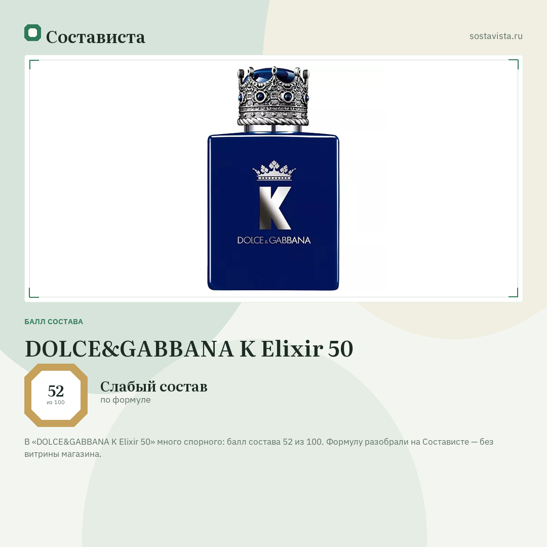 DOLCE&GABBANA K Elixir 50: балл состава 52 из 100 — Состависта