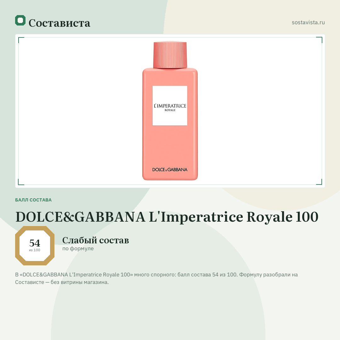 DOLCE&GABBANA L'Imperatrice Royale 100: балл состава 54 из 100 — Состависта
