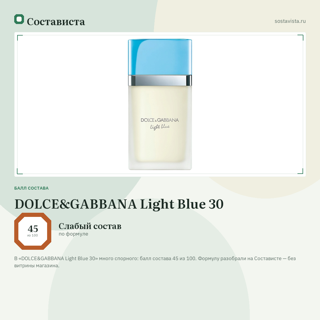 DOLCE&GABBANA Light Blue 30: балл состава 45 из 100 — Состависта