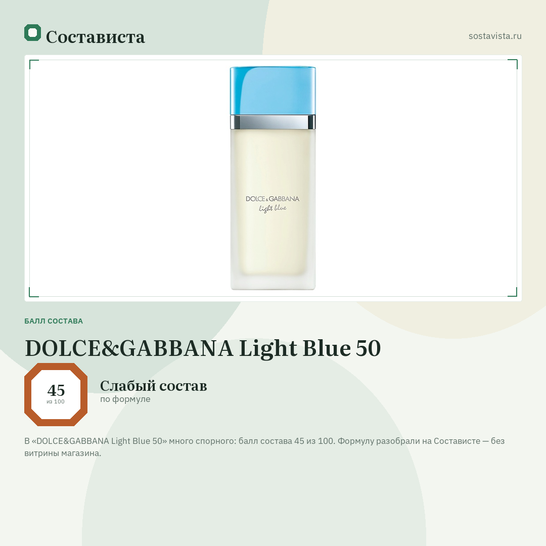DOLCE&GABBANA Light Blue 50: балл состава 45 из 100 — Состависта