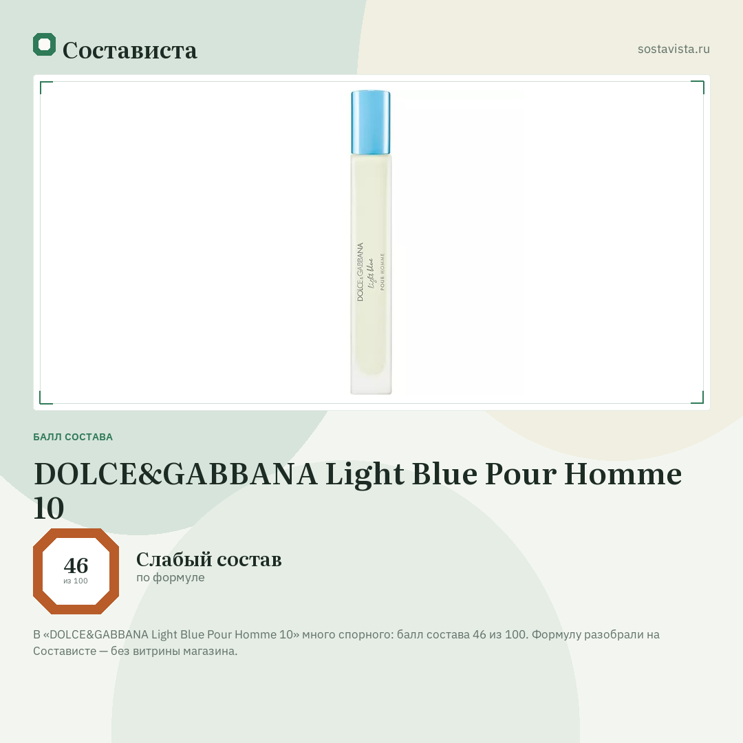 DOLCE&GABBANA Light Blue Pour Homme 10: балл состава 46 из 100 — Состависта